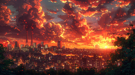 Obraz premium A vibrant cityscape at sunset with dramatic, fiery clouds and industrial smoke stacks highlighting the skyline, suitable for themes like urban life, environmental impact, and artistic landscape,