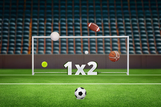 Soccer goal with a 1x2 sign and various sports balls on the field, with stadium seats in the background. Concept represents sports betting, highlighting diverse betting options and excitement