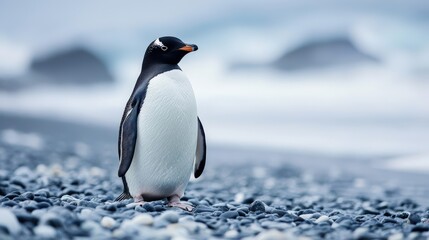 Fototapeta premium Gentoo penguin standing on a dark pebble beach with soft ocean waves in the background.