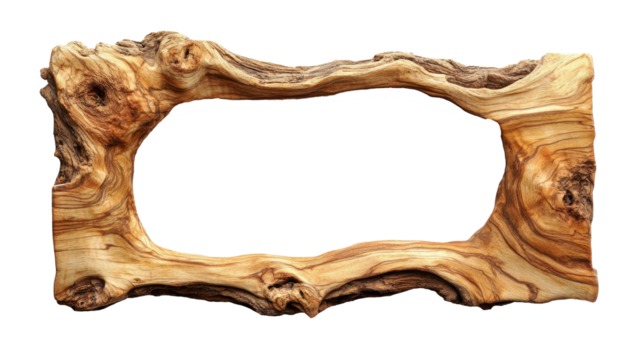 A beautifully carved natural wooden frame with an intricate design and an oval opening, showcasing the rustic beauty and artisanal craftsmanship of the piece.