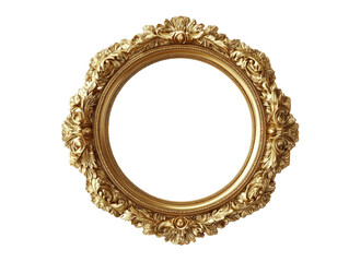 An exquisite golden picture frame with ornate detailing in a circular shape, symbolizing sophistication and timeless beauty, perfect for classic artworks.