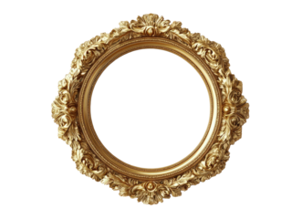 An exquisite golden picture frame with ornate detailing in a circular shape, symbolizing sophistication and timeless beauty, perfect for classic artworks.