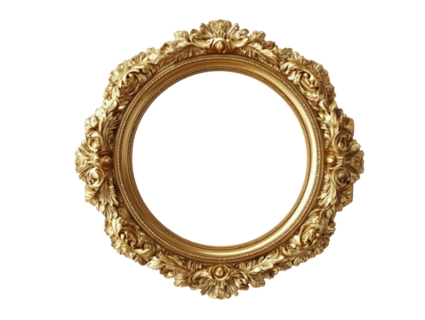 An exquisite golden picture frame with ornate detailing in a circular shape, symbolizing sophistication and timeless beauty, perfect for classic artworks.