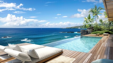 A serene infinity pool merges with the ocean under a clear blue sky