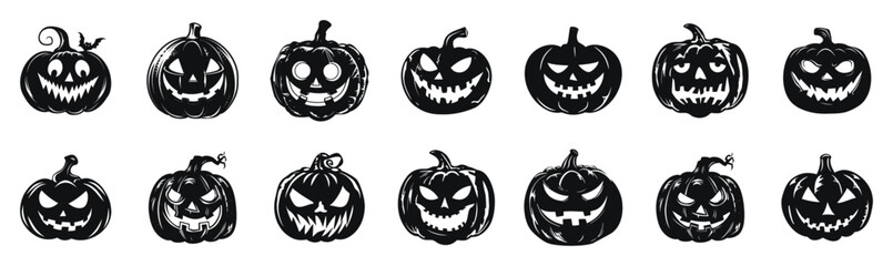 Obraz premium Halloween jack-o-lanterns vector silhouette illustration. Collection of spooky pumpkin faces with various expressions in black and white.