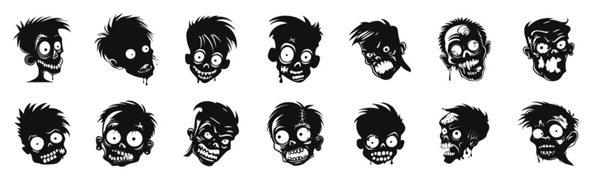 Zombie heads vector cartoon illustration. Collection of creepy Halloween faces with various expressions in black and white.