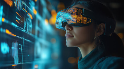 Businesswoman using a VR headset for financial data visualization, immersed in a high-tech digital environment with charts