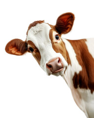 A close-up of a curious cow peeking out with its head turned slightly, set against a stark transparent background, capturing the animal's inquisitive expression.