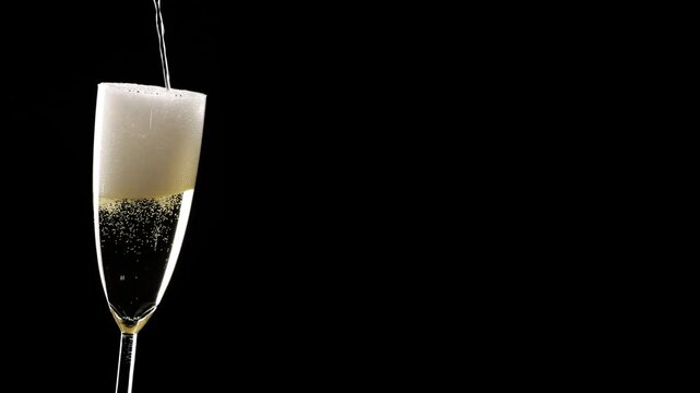 pouring two champagne flutes isolated on black background, fizzy drink motion design element overlay decoration texture for festive holiday events