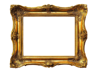 An ornate, gold picture frame with intricate carvings and a vintage design. The empty frame is set before a white background, highlighting its elegance.