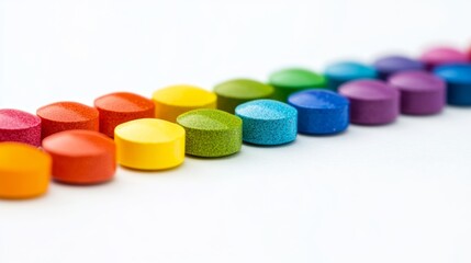 A row of colorful pills are lined up on a white background