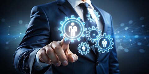 Illuminated cogwheel icon with businessman's hand pointing upwards, symbolizing team collaboration, target achievement, motivation, and growth towards ultimate business success and accomplishment.