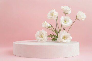 Composition with plaster podium and beautiful eustoma flowers on pink background , ai
