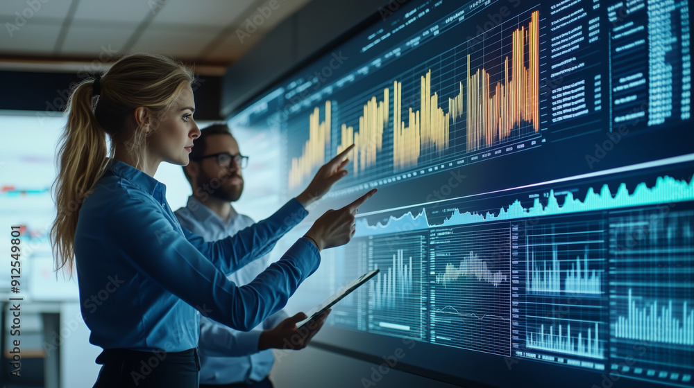 Poster business analysts discussing data on an interactive screen in a modern office setting, focused and e