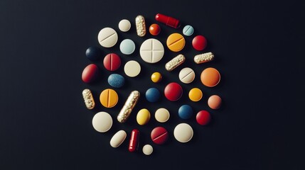 A collection of pills in a circle on a black background