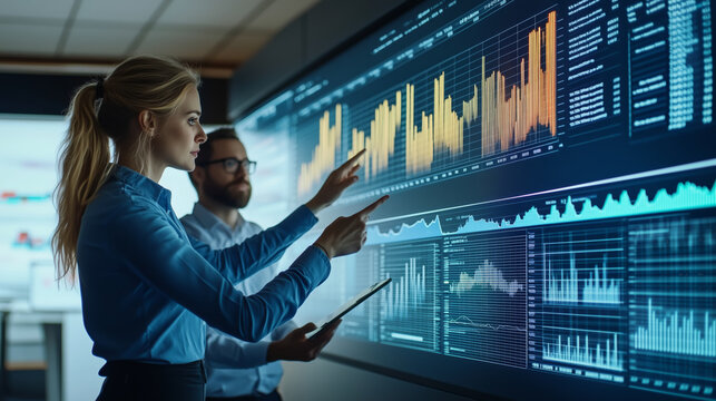 Business analysts discussing data on an interactive screen in a modern office setting, focused and engaged in analysis
