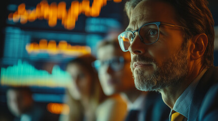 Business team analyzing financial data on digital screens, discussing economic trends and strategies in a modern high-tech office