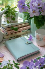 Organized workspace featuring a pastel planner, books, flowers and an aesthetic theme, perfect for productivity and inspiration.