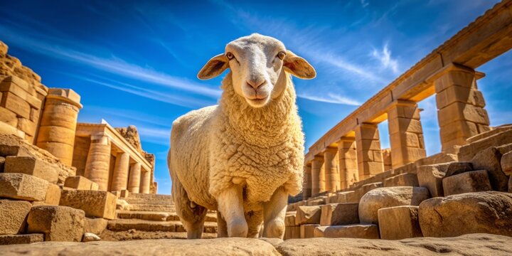 Adorable sheep stands proudly on ancient Egyptian temple ruins, posing for the camera with a curious gaze amidst the vibrant blue sky and desert landscape.