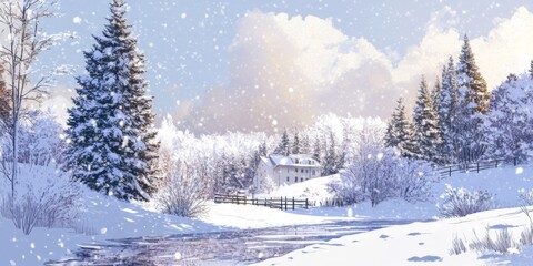 Fototapeta premium Tranquil Winter Enchantment: A High-Detail Hand-Drawn Illustration of a Peaceful Snowy Landscape, Celebrating the Season's Charm with Precision and Cozy Warmth in Anime Style,Abstract concepts