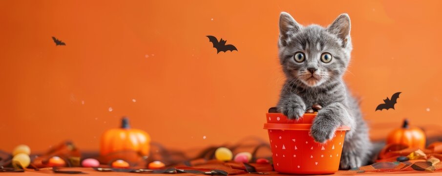 An adorable gray kitten sits inside an orange bucket, surrounded by Halloween-themed bats on an orange background.
