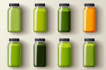 Mockup of Glass Bottles with Green and Orange Juice, Ready for Branding.