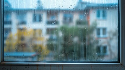Raindrops cascade down a window while city buildings appear blurred in the background