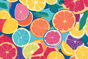 Abstract Citrus Fruit Pattern on Blue Background.