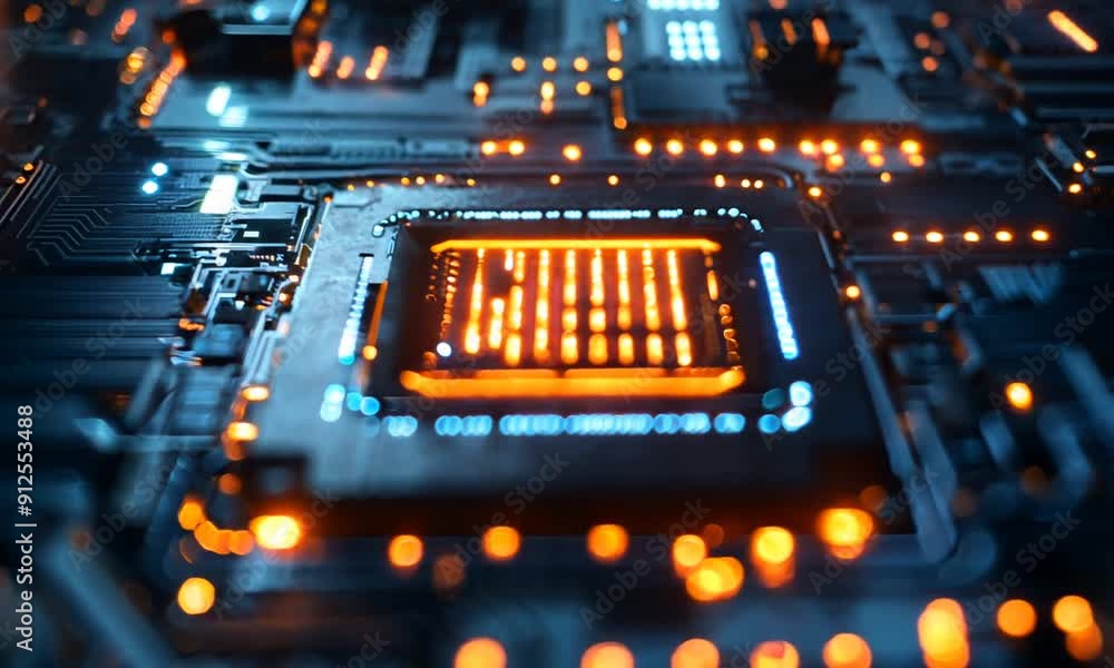 Aufkleber close-up of a glowing orange cpu on a dark background