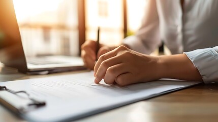 person is sitting at a table writing with a pen on a piece of paper contract