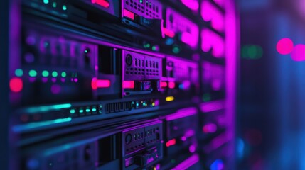 Obraz premium Close-up of server racks with colorful lights.