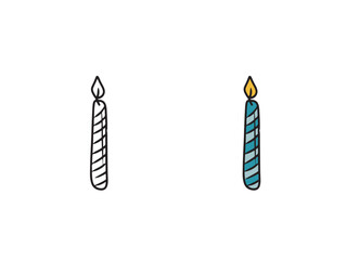 Beautiful striped burning candle in blue colors. Hand drawn vector sketch illustration in doodle engraved vintage line art style. Birthday party celebration, holiday equipment, coloring book