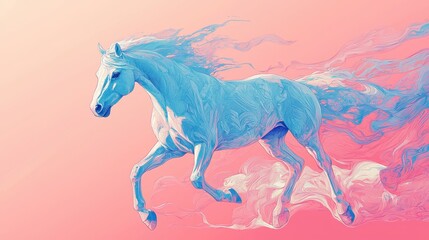 Vibrant Digital Art of a Majestic Horse with Flowing Mane on a Pink and Peach Gradient Background