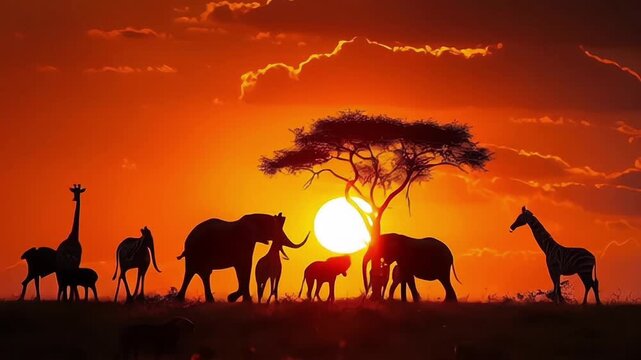 Silhouettes of animals on golden cloudy sunset background