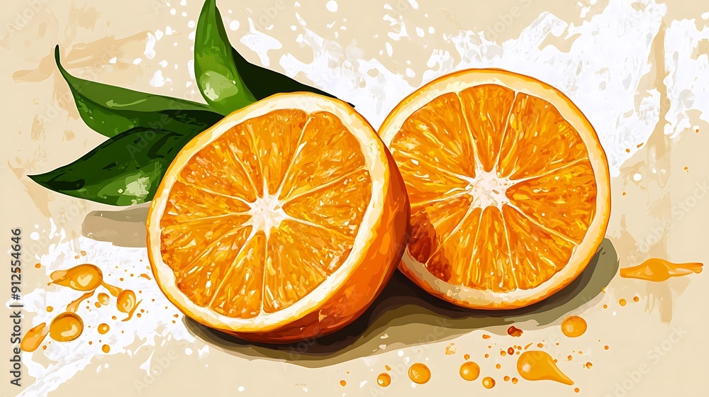 Canvas Prints Fresh Orange Halves with Green Leaves and Orange Juice Splashes.