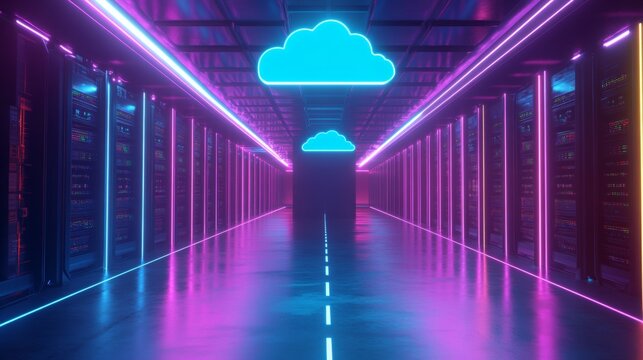 A neon lighted room with a large blue cloud in the center