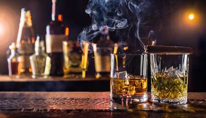 Bar counter with dark wood dark atmosphere whiskey glasses in background bottles blured glasses with bokeh light reflection, a lot cigarets smoke in becground