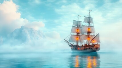 Ghost Ship A haunting 3D wallpaper of an old pirate ship sailing through misty waters, with animated ghost pirates and glowing lanterns
