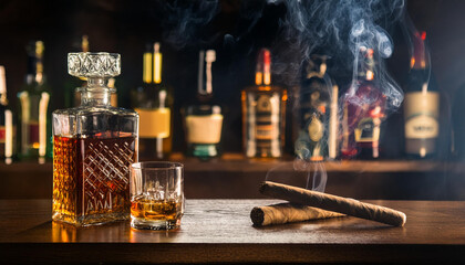 Obraz premium Bar counter with dark wood dark atmosphere whiskey glasses in background bottles blured glasses with bokeh light reflection, a lot cigarets smoke in becground