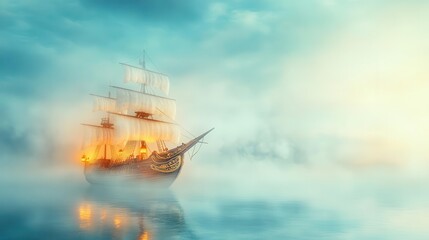 Obraz premium Ghost Ship A haunting 3D wallpaper of an old pirate ship sailing through misty waters, with animated ghost pirates and glowing lanterns