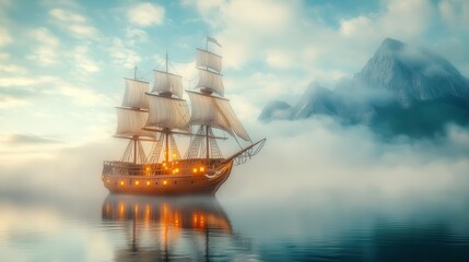Ghost Ship A haunting 3D wallpaper of an old pirate ship sailing through misty waters, with animated ghost pirates and glowing lanterns