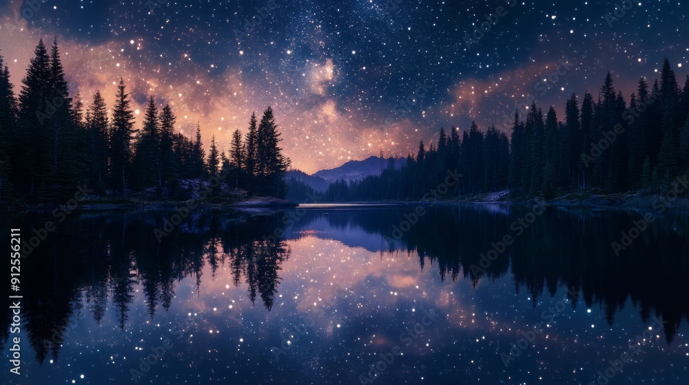 Wall mural a serene and peaceful scene of a lake surrounded by trees with a beautiful starr