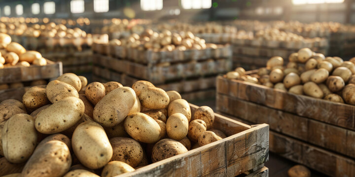 Vegetable warehouse, wooden box with selected fresh potatoes on warehouse background, selective focus.