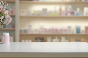 Blurred background of pharmacy counter with product display, white table top for mockup products or design in the foreground, in the style of white table top