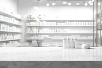 Blurred background of pharmacy counter with product display, white table top for mockup products or design in the foreground, in the style of white table top