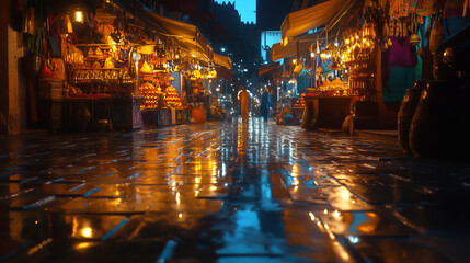 Obraz premium The deserted night market of Marrakech. Colorful counters, aromas of spices, soft golden lighting. Patterns and exotic goods are reflected on the wet stones, giving the scene magic.