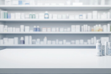 Blurred background of pharmacy counter with product display, white table top for mockup products or design in the foreground, in the style of white table top