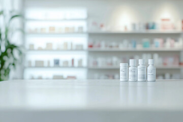 Blurred background of pharmacy counter with product display, white table top for mockup products or design in the foreground, in the style of white table top