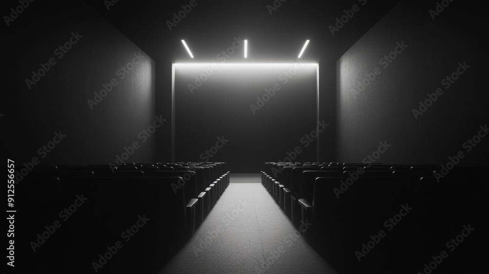 Poster a dark room with a large empty screen and rows of chairs