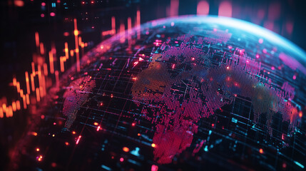 Obraz premium Digital globe displaying global financial data visualizations, highlighting economic trends and information with bright charts